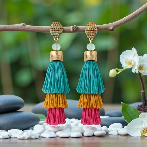 🆕️ Boho Chic Tiered Tassel Earrings Gold Tone Mixed Metals Handmade Statement - Picture 5 of 9